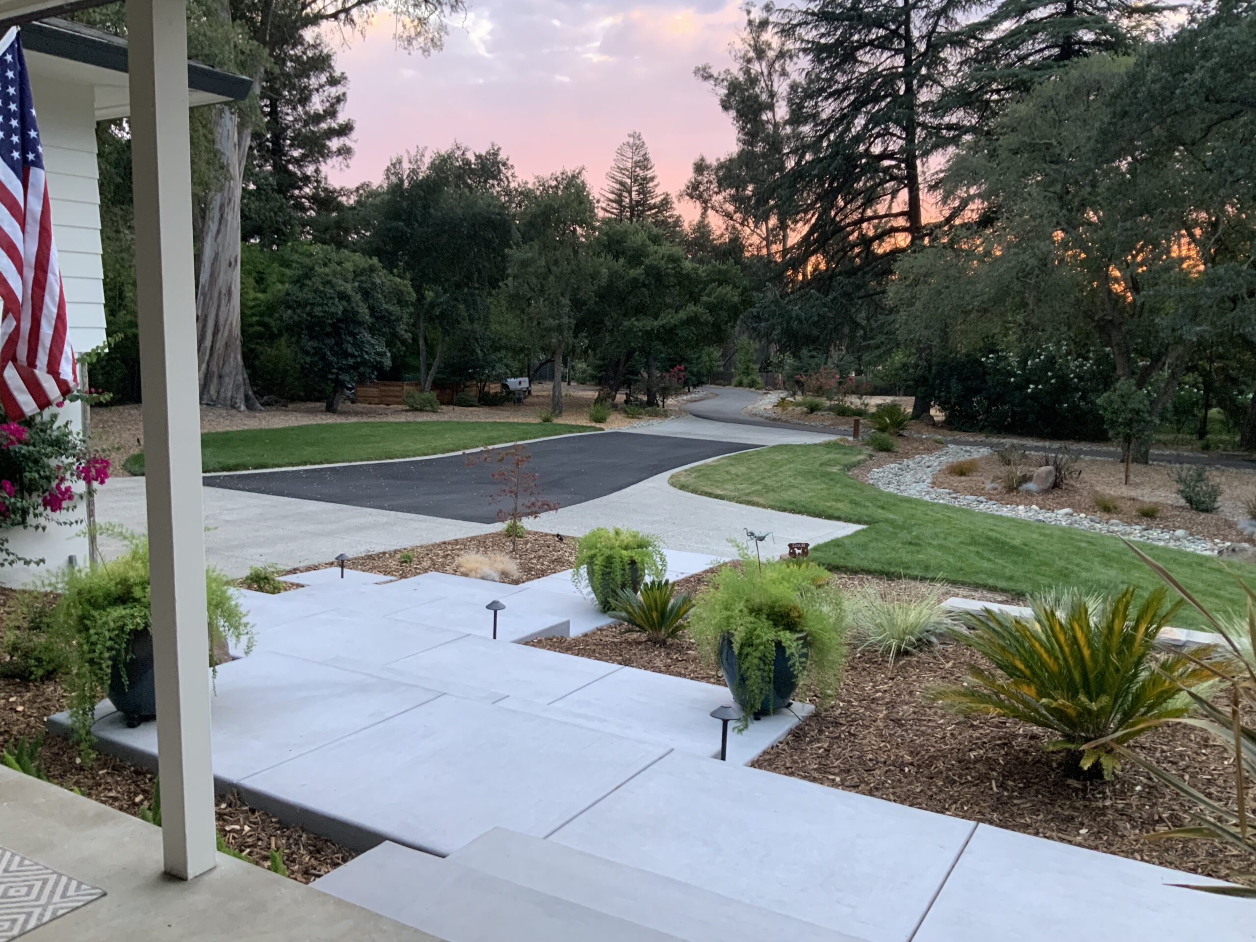 Landscape garden with USA flag